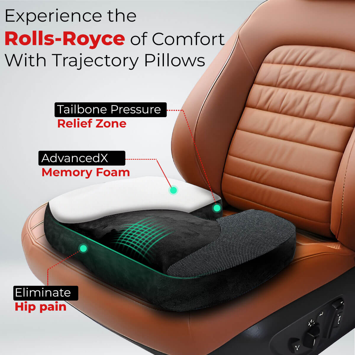 Trajectory Ultimate Car Seat Pillow with AdvancedX Orthopedic Memory Foam Napolean Black