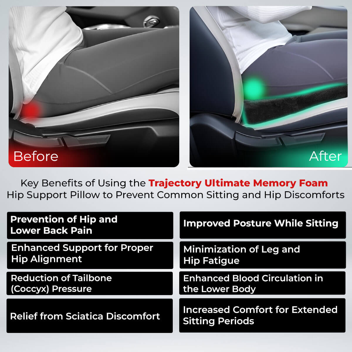 Trajectory Ultimate Car Seat Pillow with AdvancedX Orthopedic Memory Foam Napolean Black