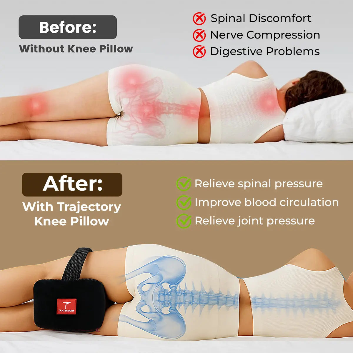 TRAJECTORY Knee Pillow for Side Sleepers, Knock Knee Corrector for Sleeping, AdvancedX Memory Foam Leg Pillow Wedge Cushion for Side Sleeper, Sciatica, Pregnancy, Hip & Back Pain Relief - Washable Cover (Black) Trajectory