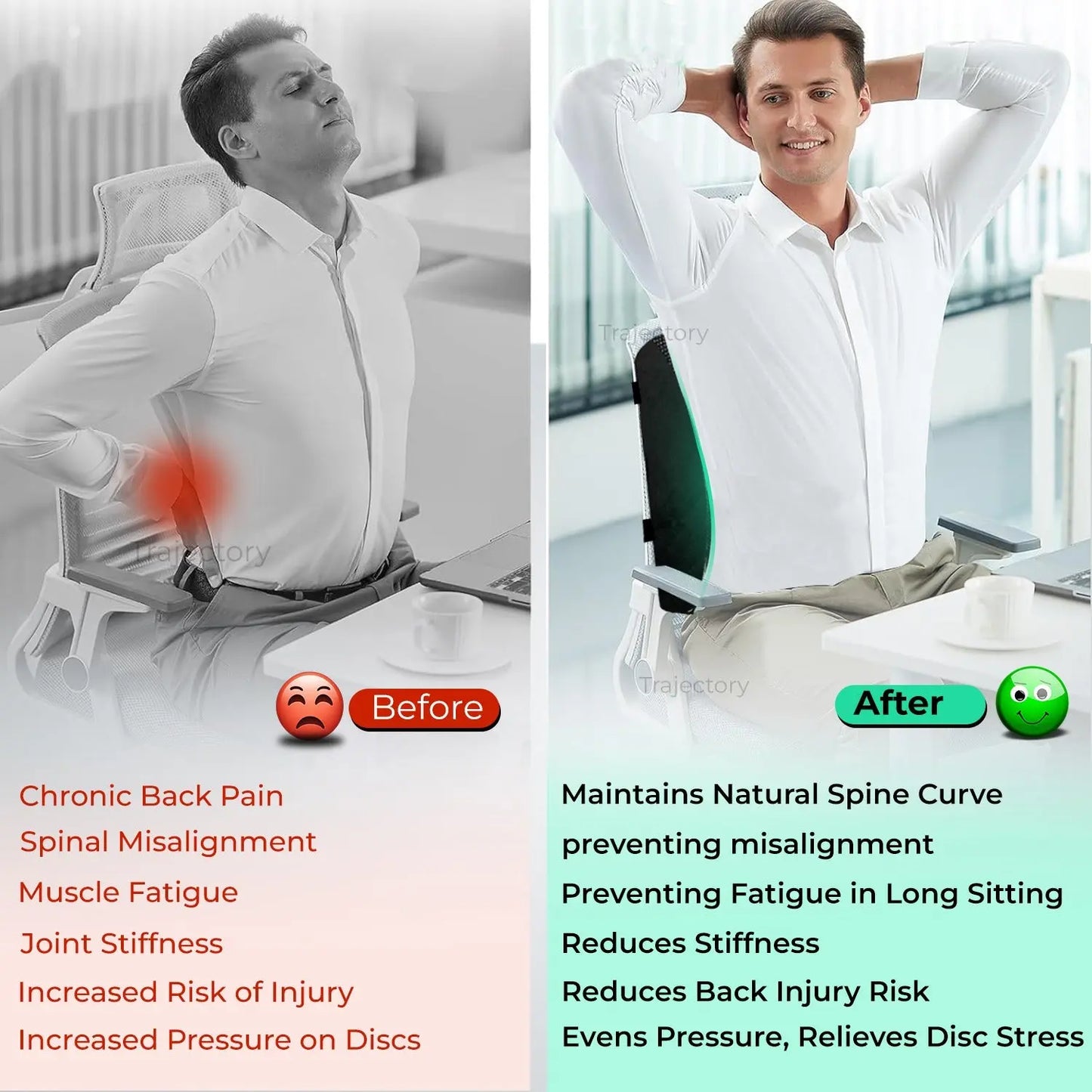 before & after using trajectory back rest pillow, befor and after results