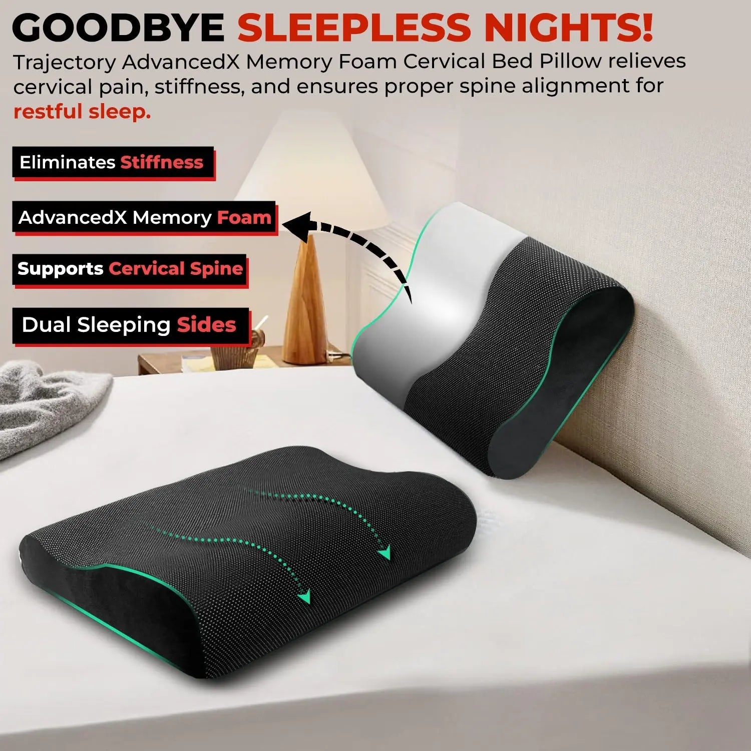 Trajectory Ultimate Bed Pillow with AdvancedX Orthopedic Memory Foam, Eliminates Stiffness, Supports Cervical Spine, Dual sleeping side