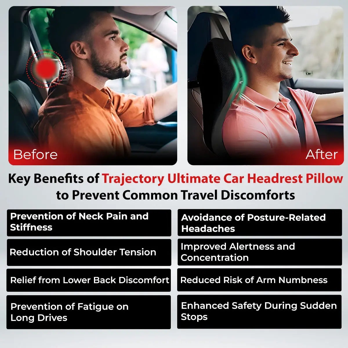 Trajectory Ultimate Car Neck Rest Pillow with AdvancedX Orthopedic Memory Foam , Befor and After Difference 