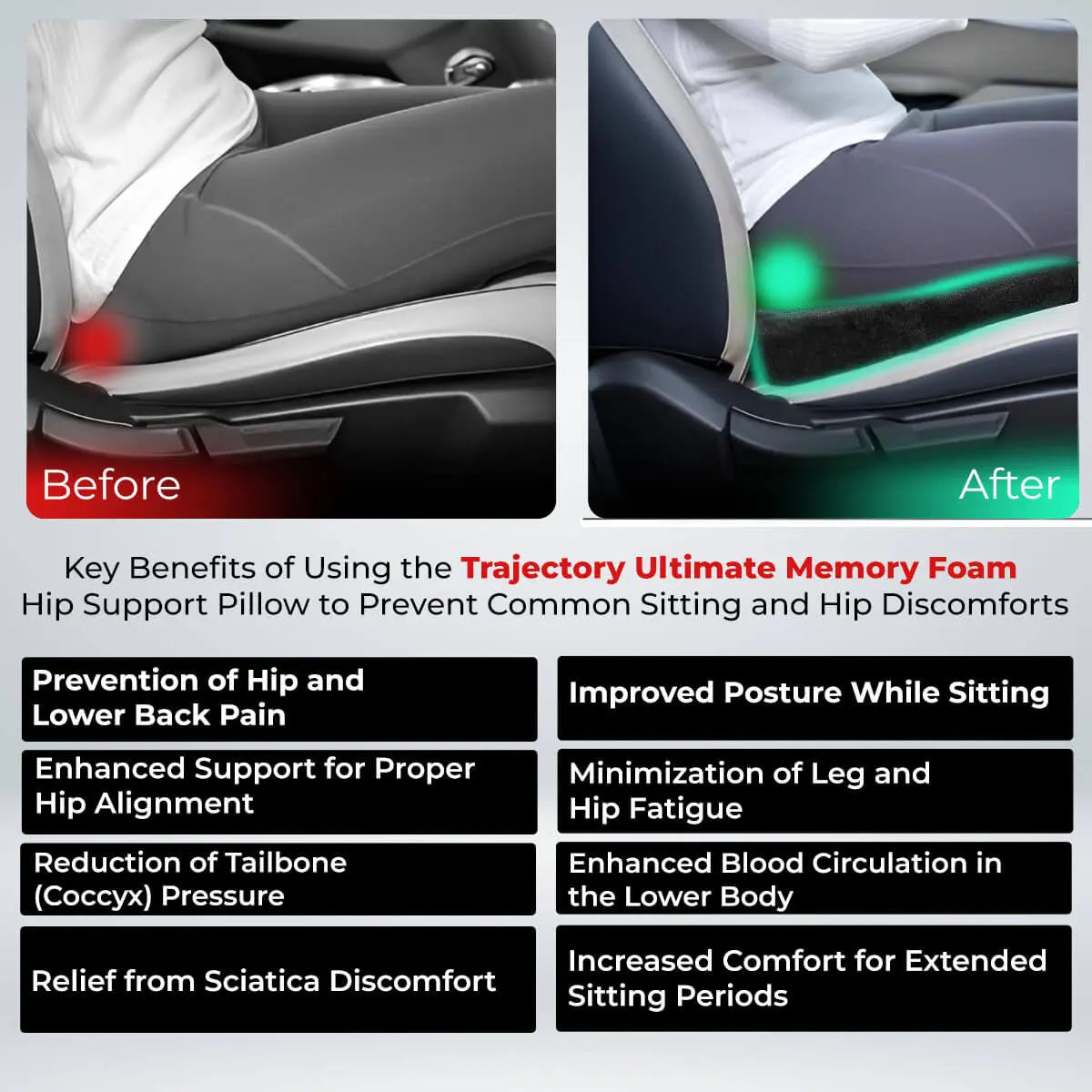 Trajectory Ultimate Car Seat Pillow with AdvancedX Orthopedic Memory Foam,  befor and after diffrence