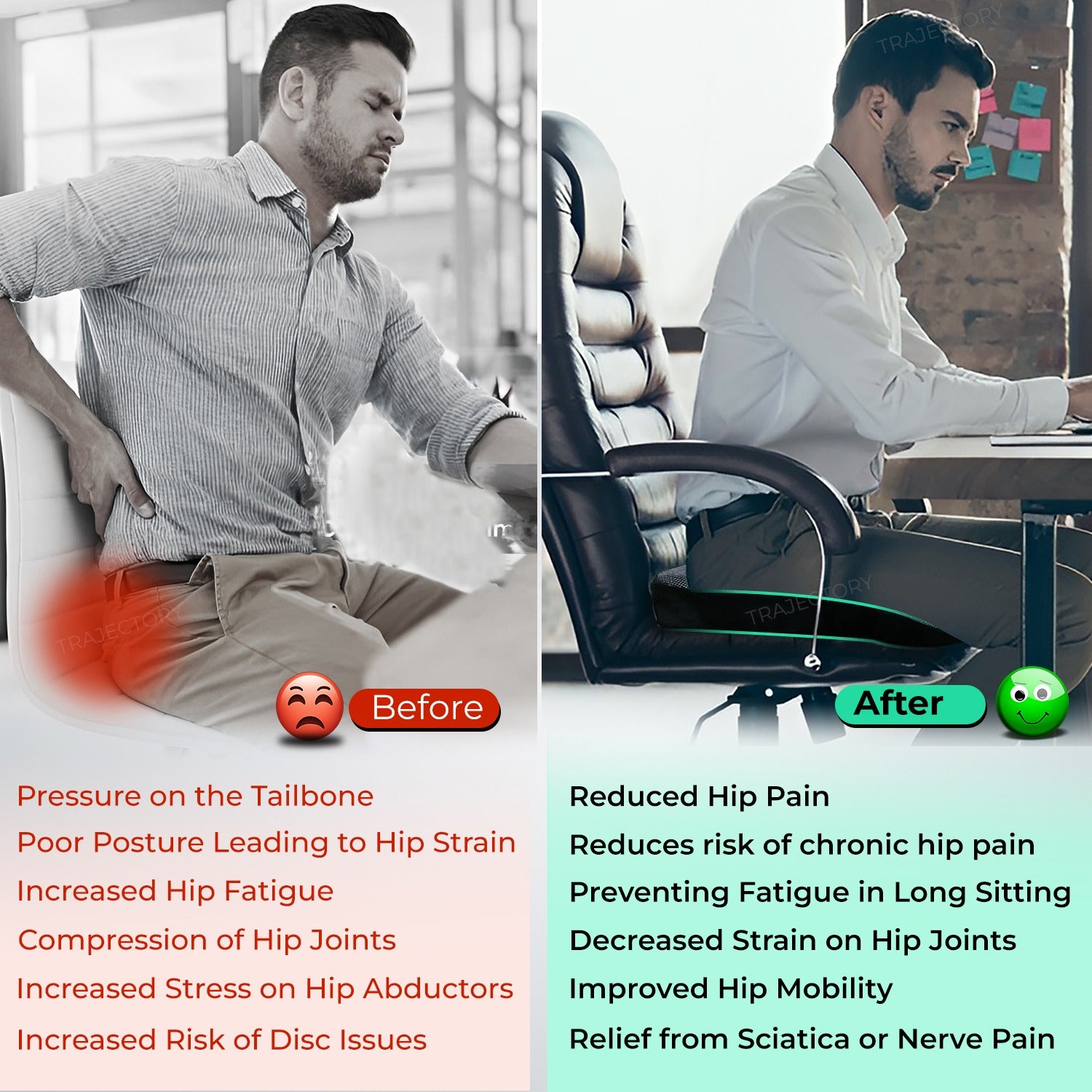 before & after using trajectory seat pillow
