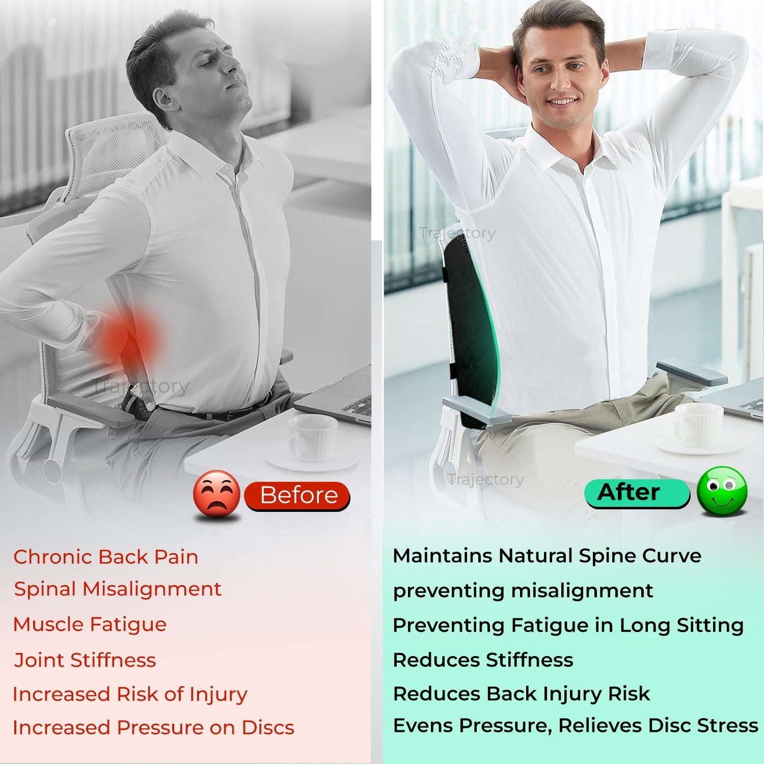 before & after using trajectory back rest pillow